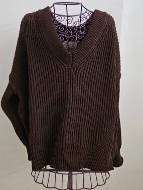 Aerie Beyond Chenille V-Neck Chunky Oversized Sweater -Size XXS Choco Brown